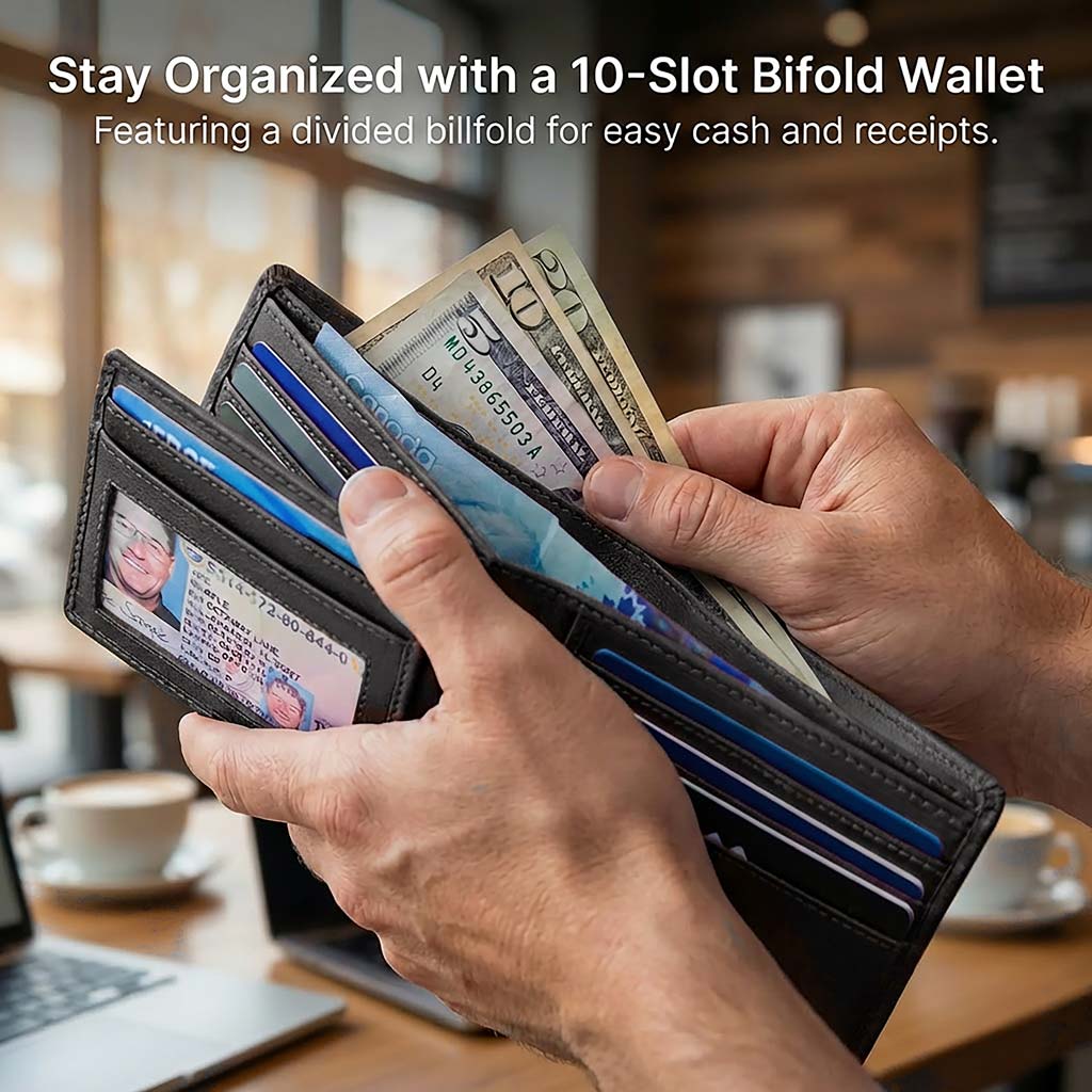 Men's RFID Bifold Wallet – 10 Slots, ID Window