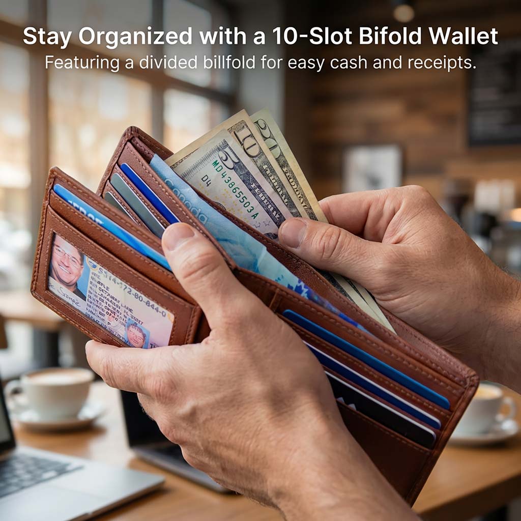 Men's RFID Bifold Wallet – 10 Slots, ID Window