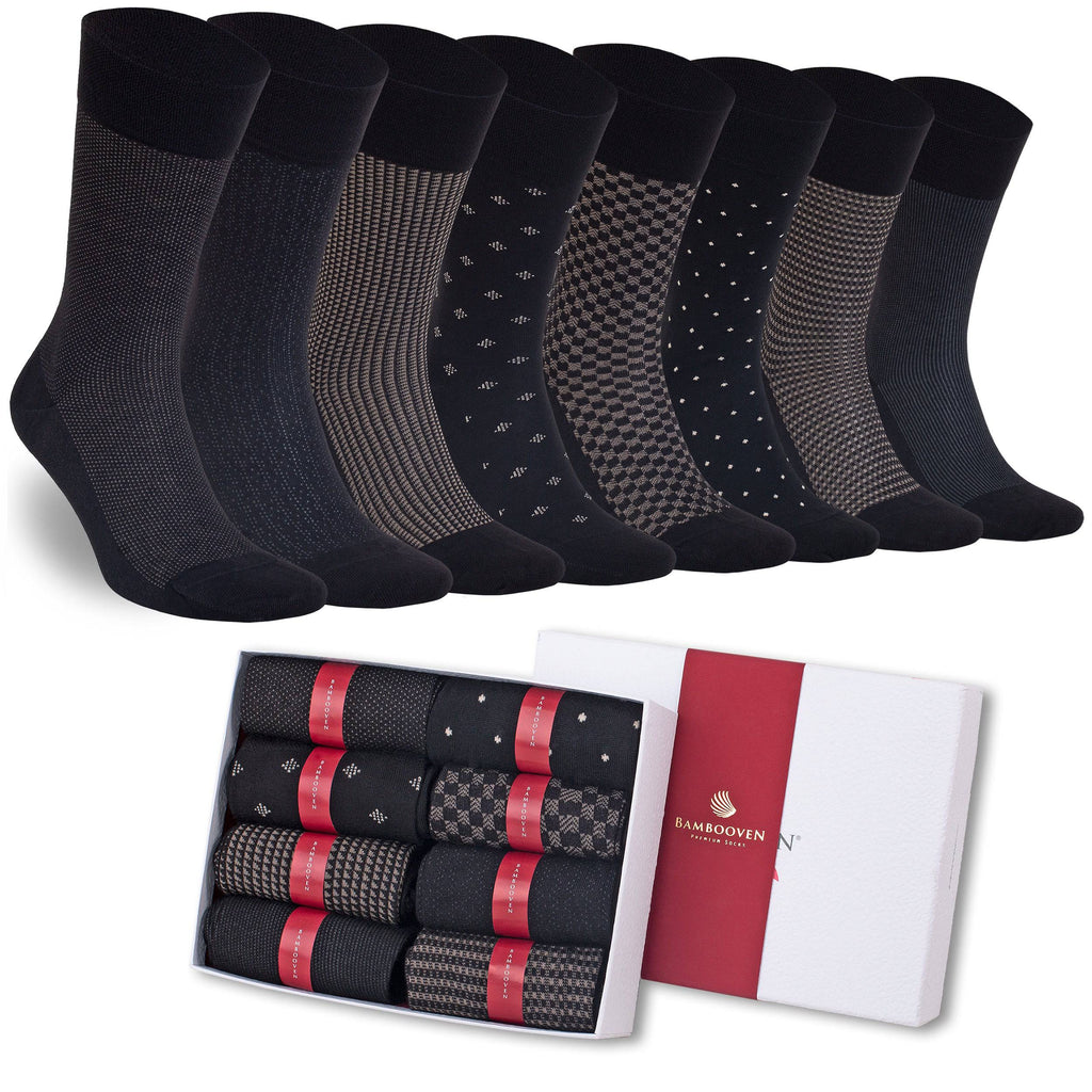 Men's Bamboo Dress Socks Gift Box – 8-Pack, Black, Charcoal & Taupe