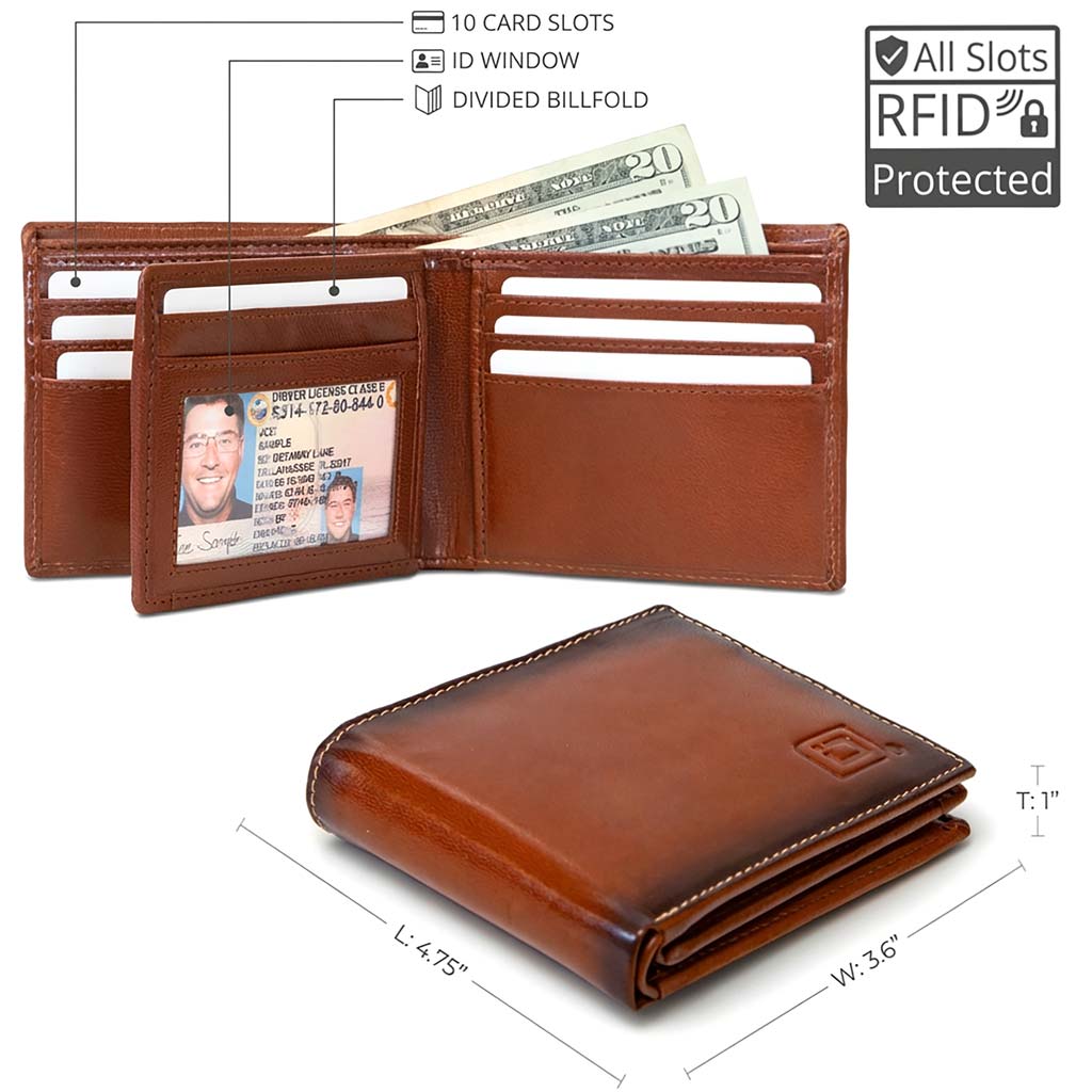 Men's RFID Bifold Wallet – 10 Slots, ID Window