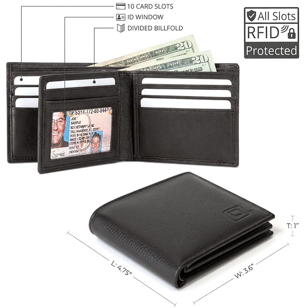 Men's RFID Bifold Wallet – 10 Slots, ID Window