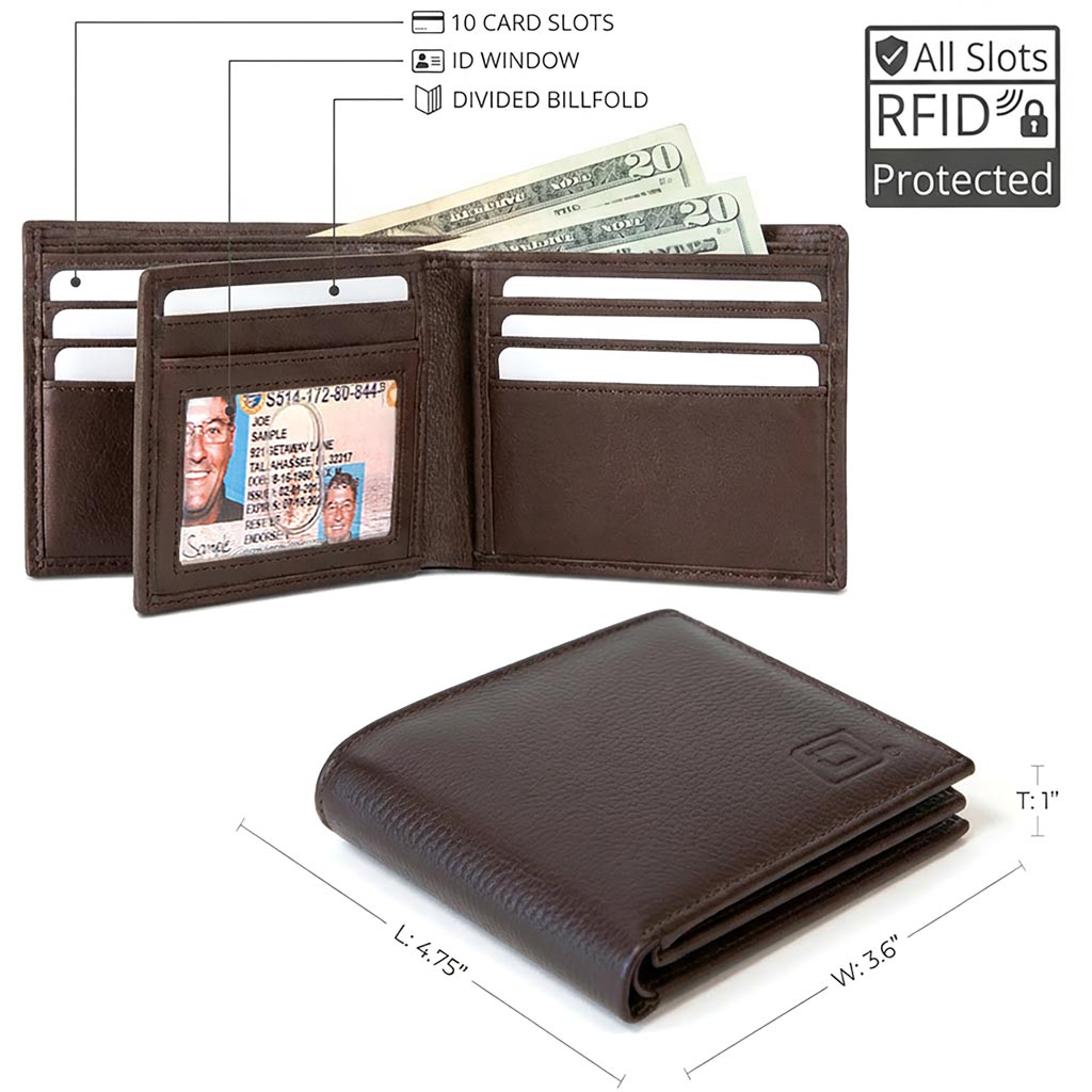 Men's RFID Bifold Wallet – 10 Slots, ID Window