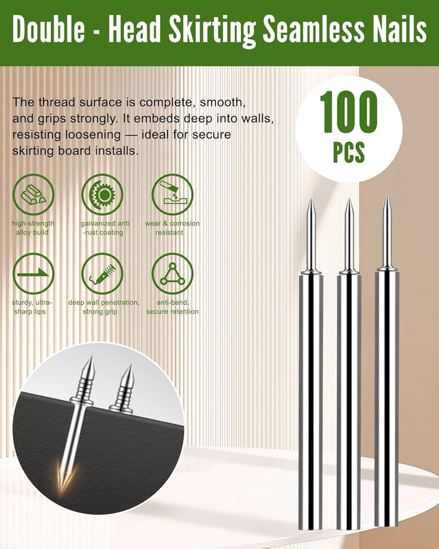 DGCMKJ 100PCS Double Headed Skirting Nails, Skirting Thread Seamless Nail, Non M