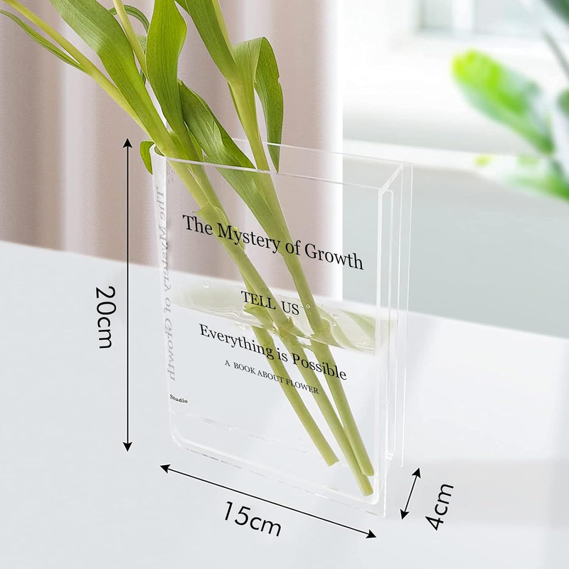 Clear Acrylic Book Vase – "The Mystery of Growth"