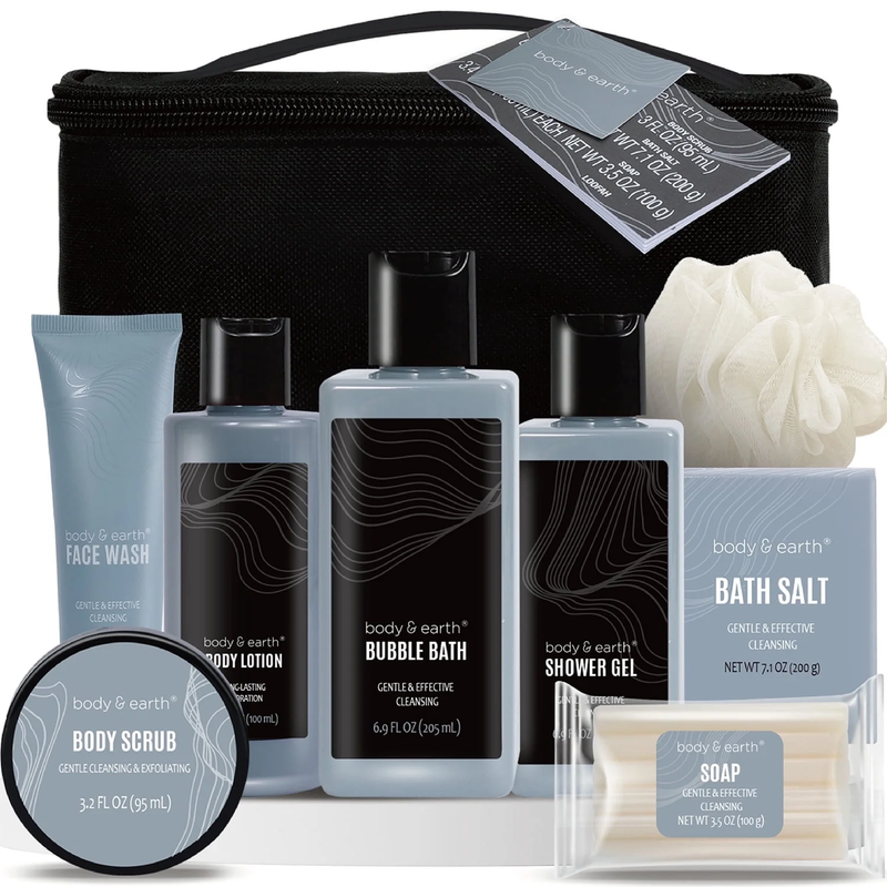 Men's Leather-Scented Bath & Body Gift Set – 8 Pieces with Travel Bag