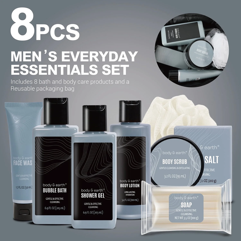 Men's Leather-Scented Bath & Body Gift Set – 8 Pieces with Travel Bag