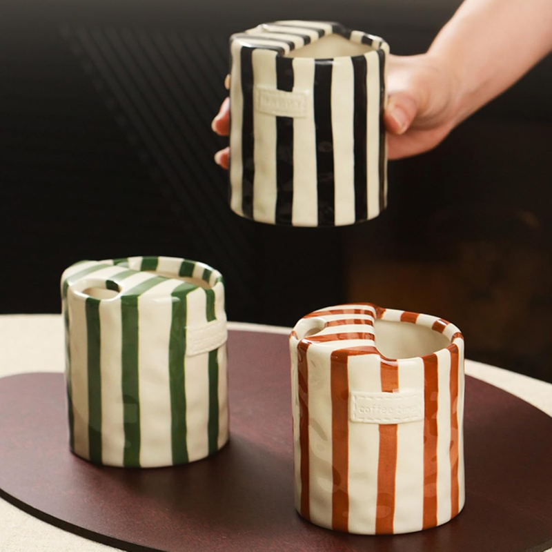 Striped Textured Ceramic Coffee Mug – 10 oz, Warm Tones