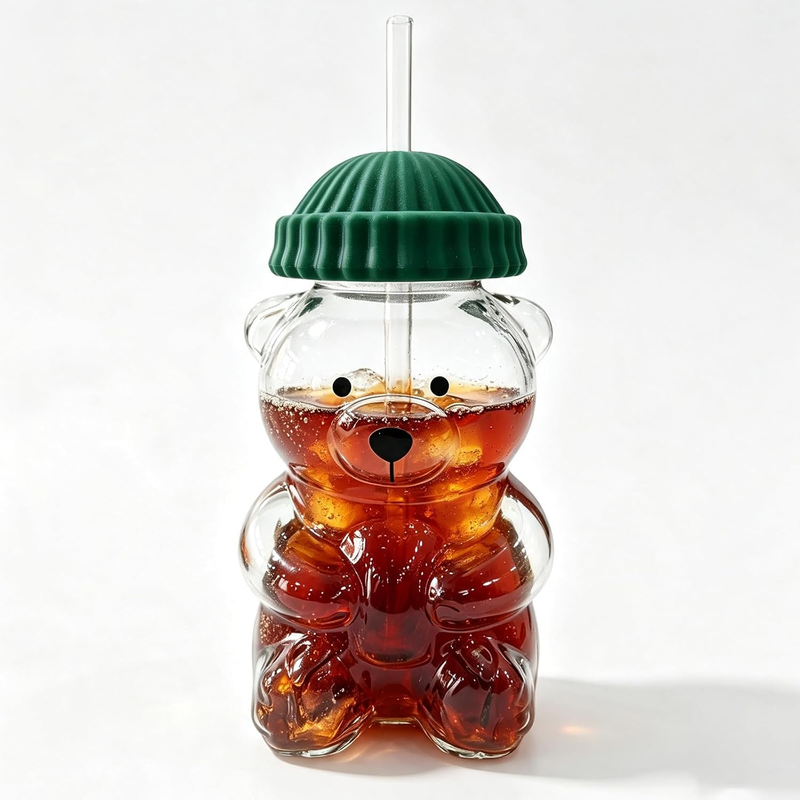 Cute Bear Glass Cup with Lid & Straw – 20 oz