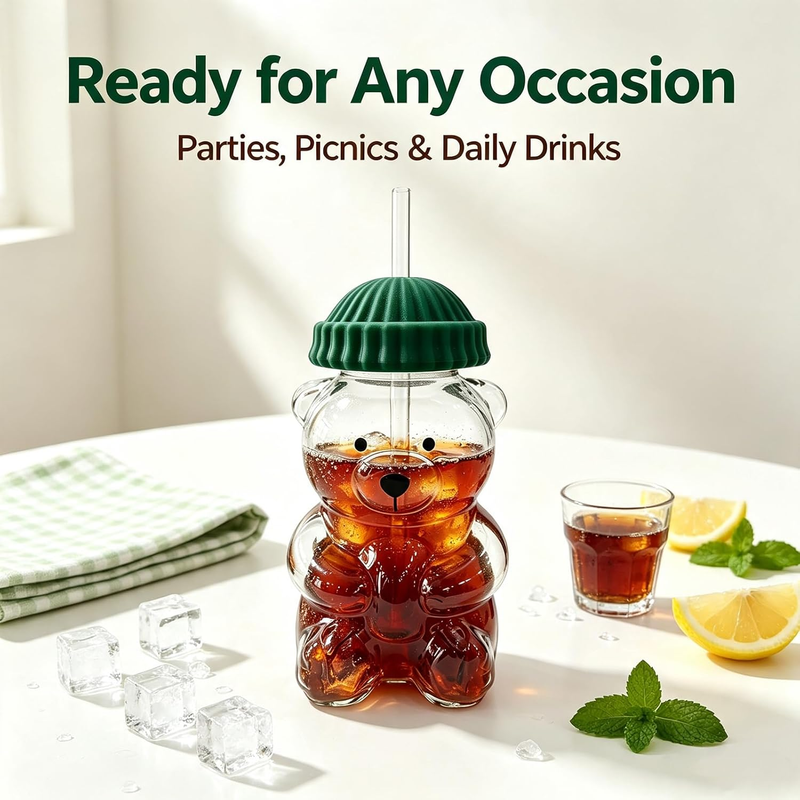 Cute Bear Glass Cup with Lid & Straw – 20 oz
