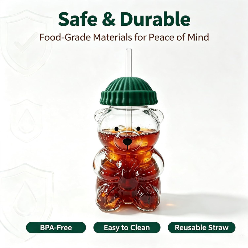 Cute Bear Glass Cup with Lid & Straw – 20 oz