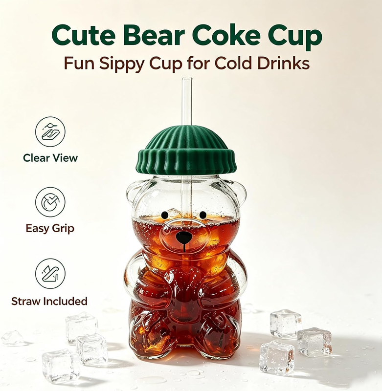 Cute Bear Glass Cup with Lid & Straw – 20 oz