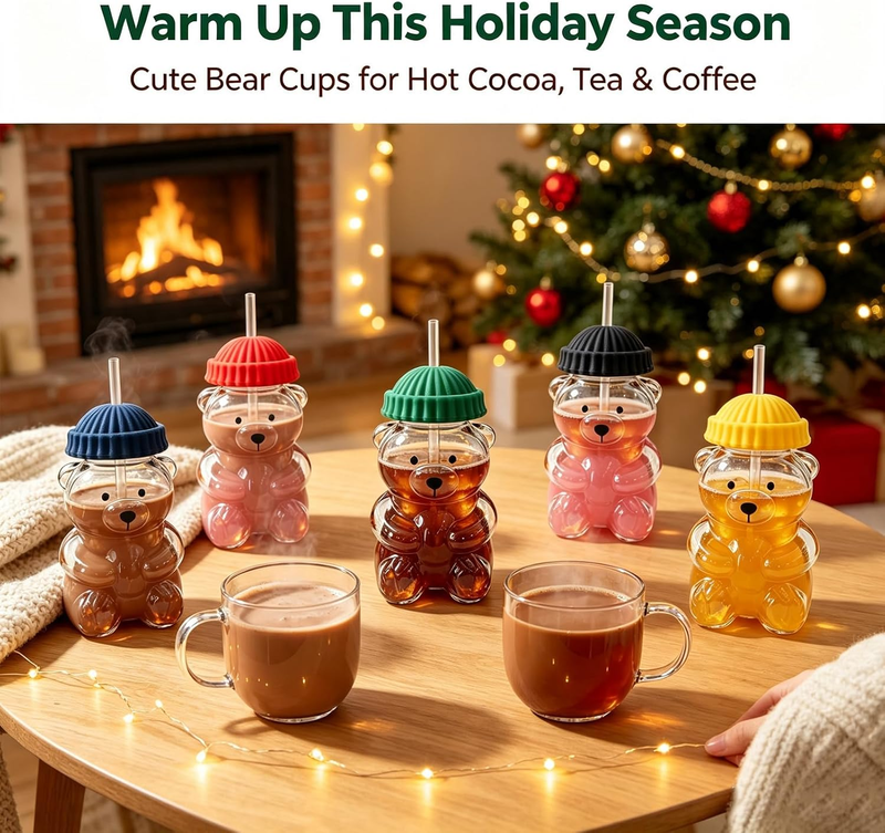 Cute Bear Glass Cup with Lid & Straw – 20 oz