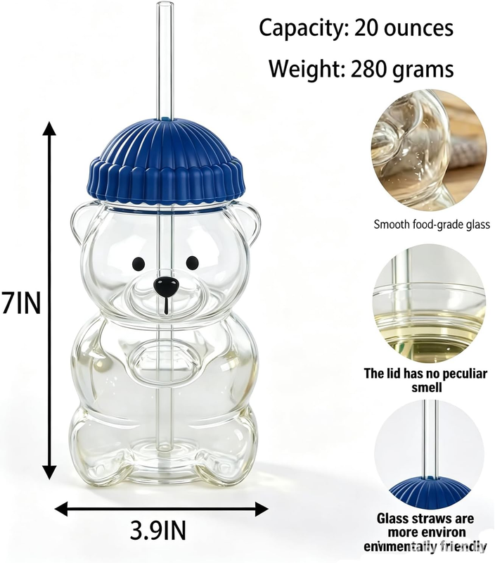 Cute Bear Glass Cup with Lid & Straw – 20 oz